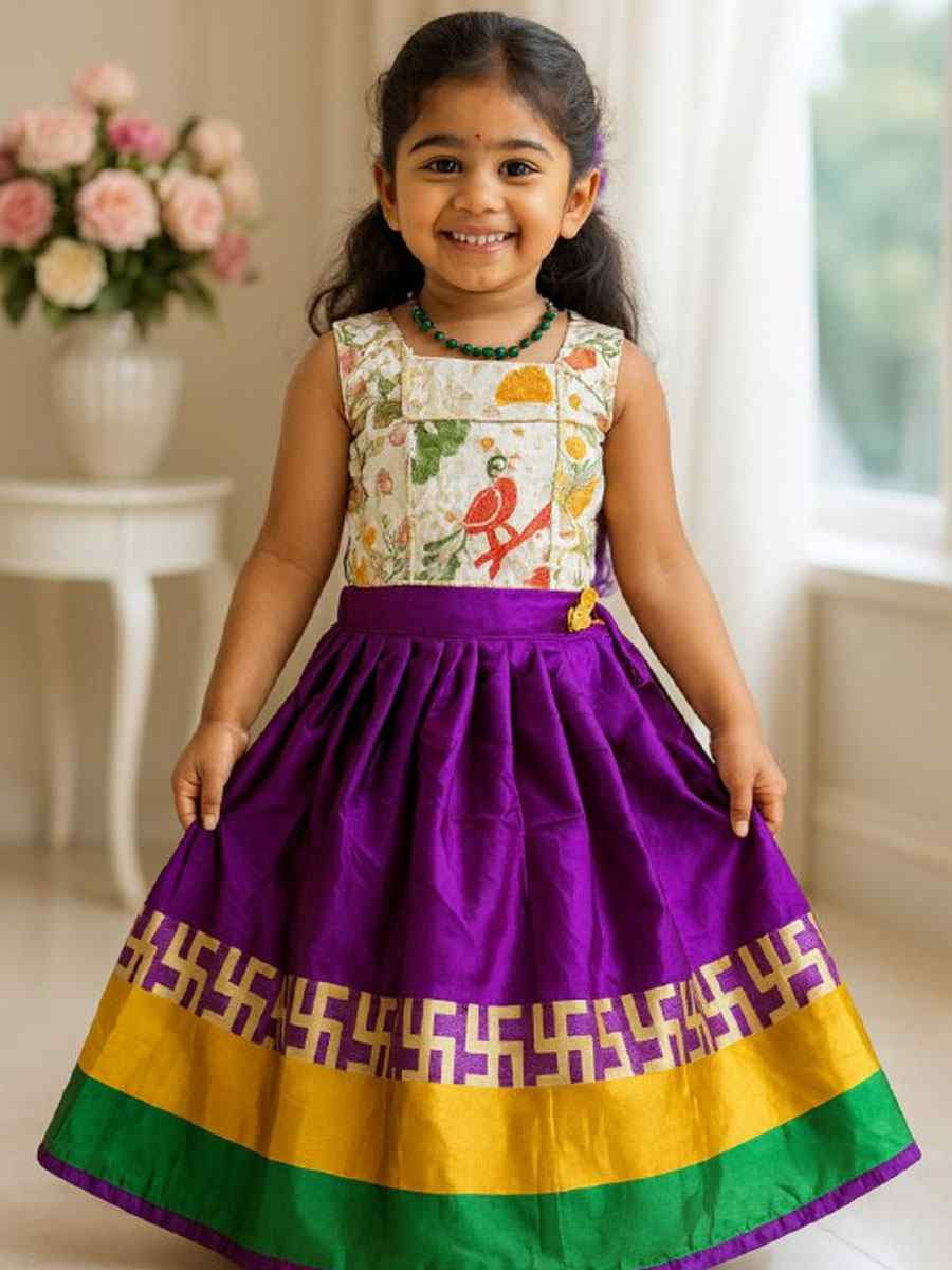 Purple Premium Heavy Lichi Silk Brocade Kids Wear Wedding Festival Lehengas Girls Wear