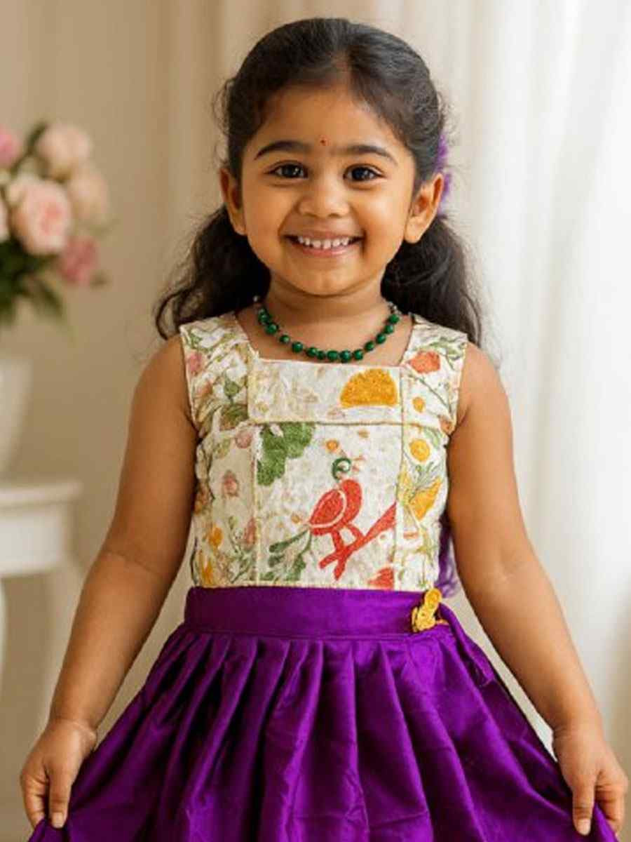 Purple Premium Heavy Lichi Silk Brocade Kids Wear Wedding Festival Lehengas Girls Wear