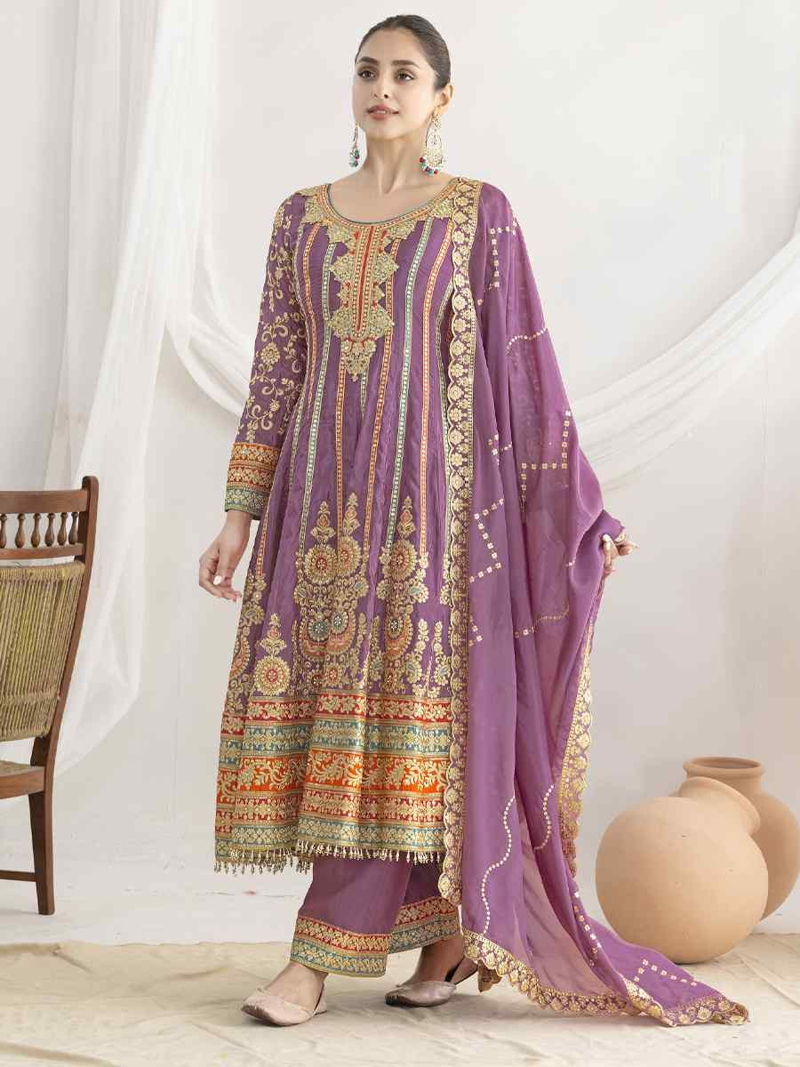 Purple Premium Ho Silk Embroidery Party Wedding Festival Casual Ready Anarkali Salwar Kameez