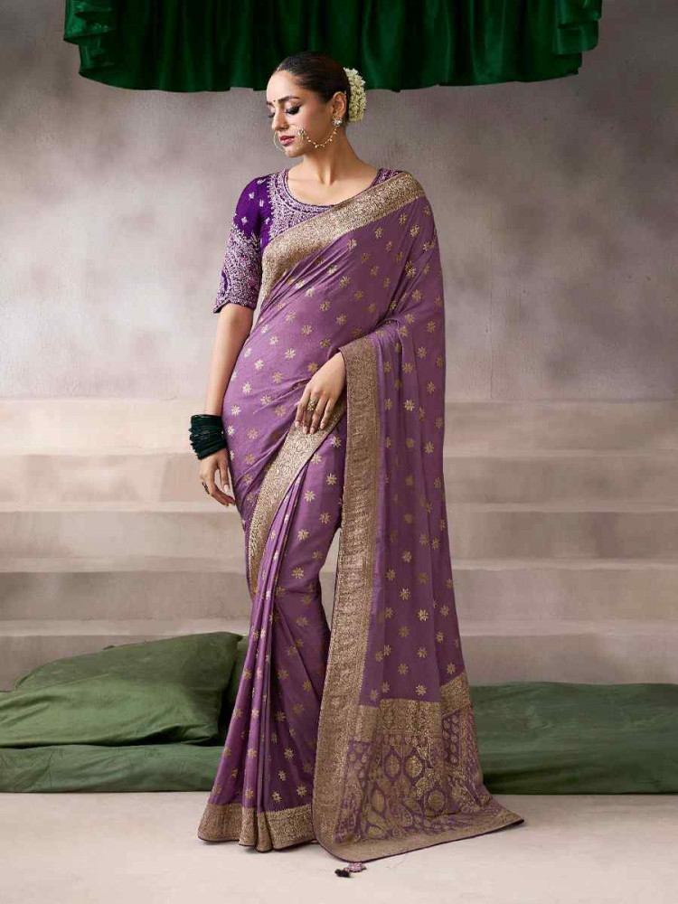 Image of Purple Premium Pure Crepe Zari Handwoven Embroidery Bridal Reception Festival Wedding Fancy Heavy Border Sarees