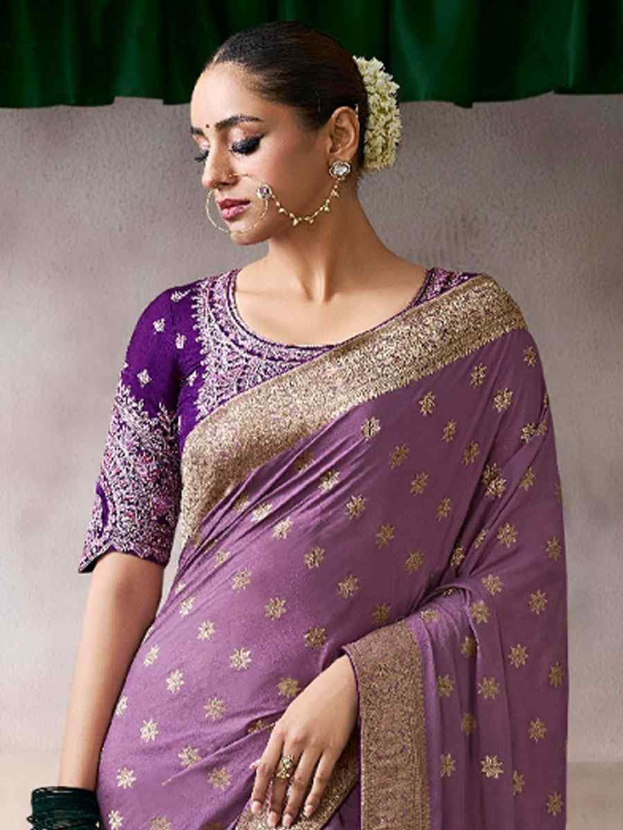 Purple Premium Pure Crepe Zari Handwoven Embroidery Bridal Reception Festival Wedding Fancy Heavy Border Sarees