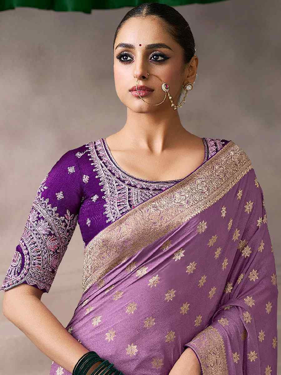 Purple Premium Pure Crepe Zari Handwoven Embroidery Bridal Reception Festival Wedding Fancy Heavy Border Sarees