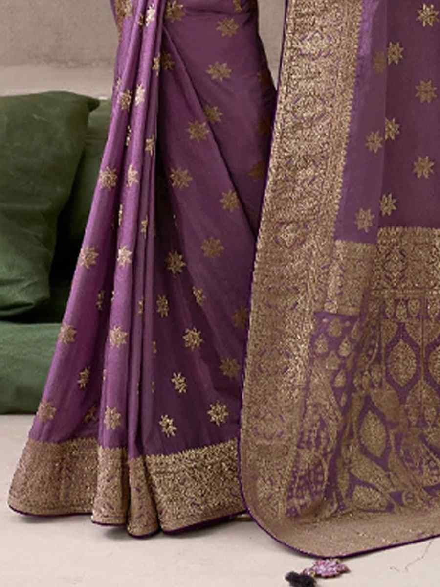Purple Premium Pure Crepe Zari Handwoven Embroidery Bridal Reception Festival Wedding Fancy Heavy Border Sarees