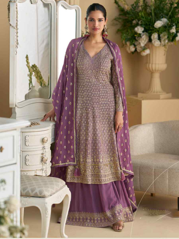 Purple Premium Real Georgette Embroidered Festival Party Ready Anarkali Salwar Kameez