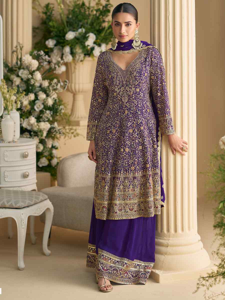 Purple Premium Real Georgette Embroidered Festival Wedding Ready Sharara Pant Salwar Kameez