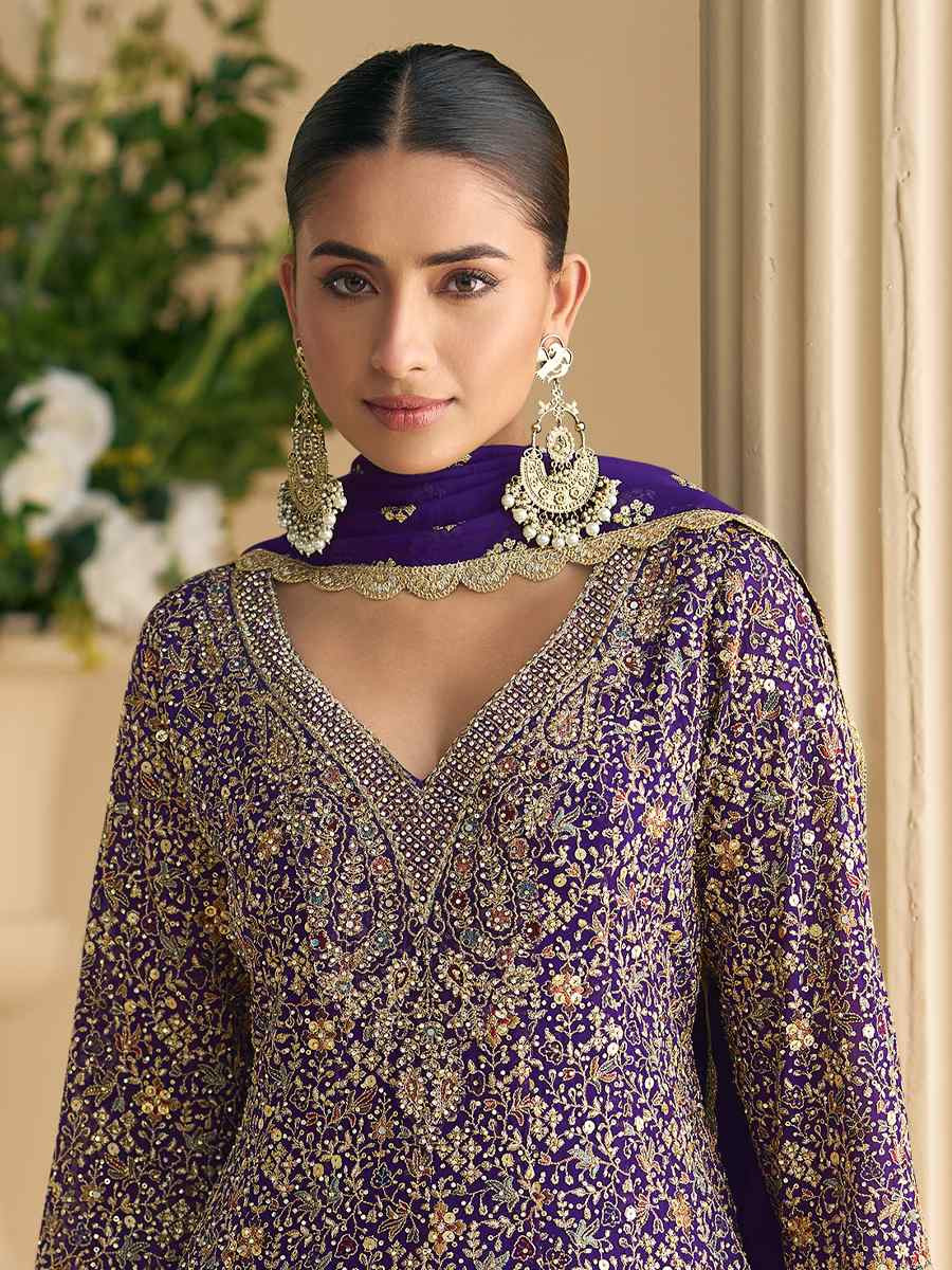 Purple Premium Real Georgette Embroidered Festival Wedding Ready Sharara Pant Salwar Kameez