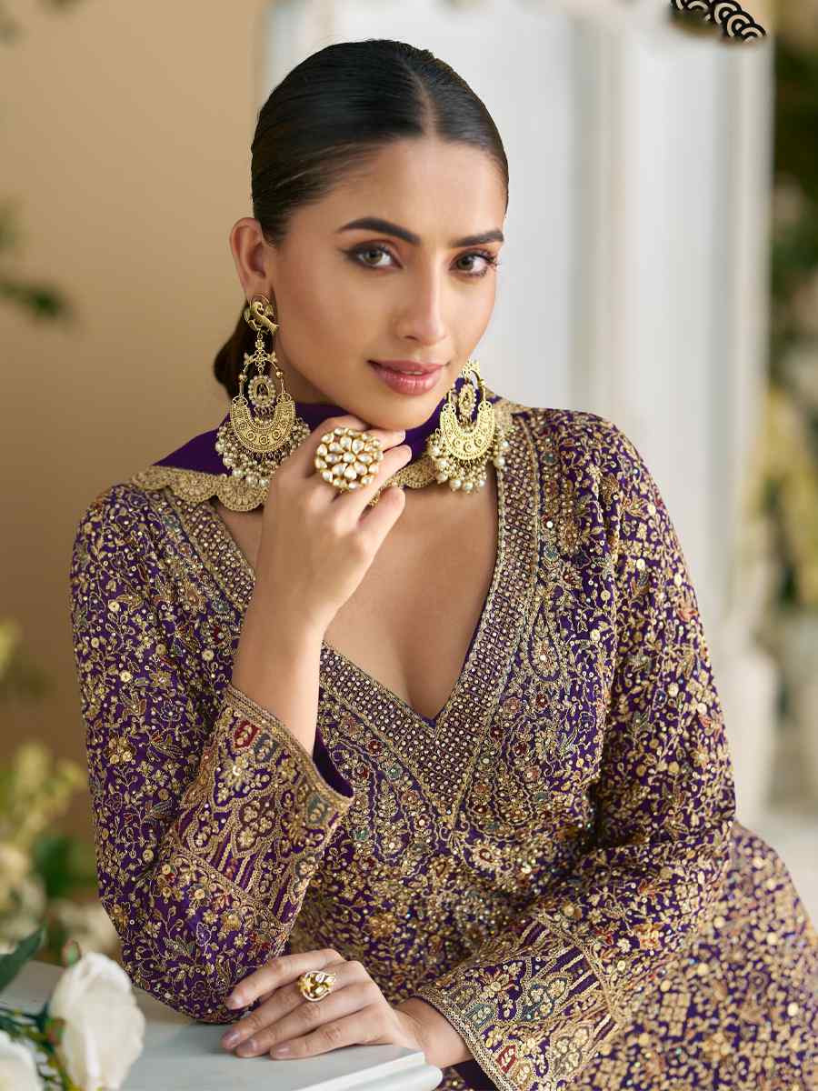 Purple Premium Real Georgette Embroidered Festival Wedding Ready Sharara Pant Salwar Kameez