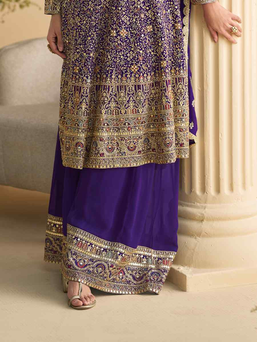 Purple Premium Real Georgette Embroidered Festival Wedding Ready Sharara Pant Salwar Kameez