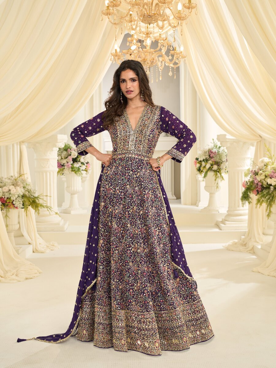 Purple Premium Real Georgette Embroidery Zari Sequins Wedding Festival Party Ready Anarkali Salwar Kameez