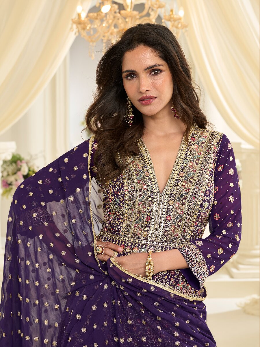 Purple Premium Real Georgette Embroidery Zari Sequins Wedding Festival Party Ready Anarkali Salwar Kameez