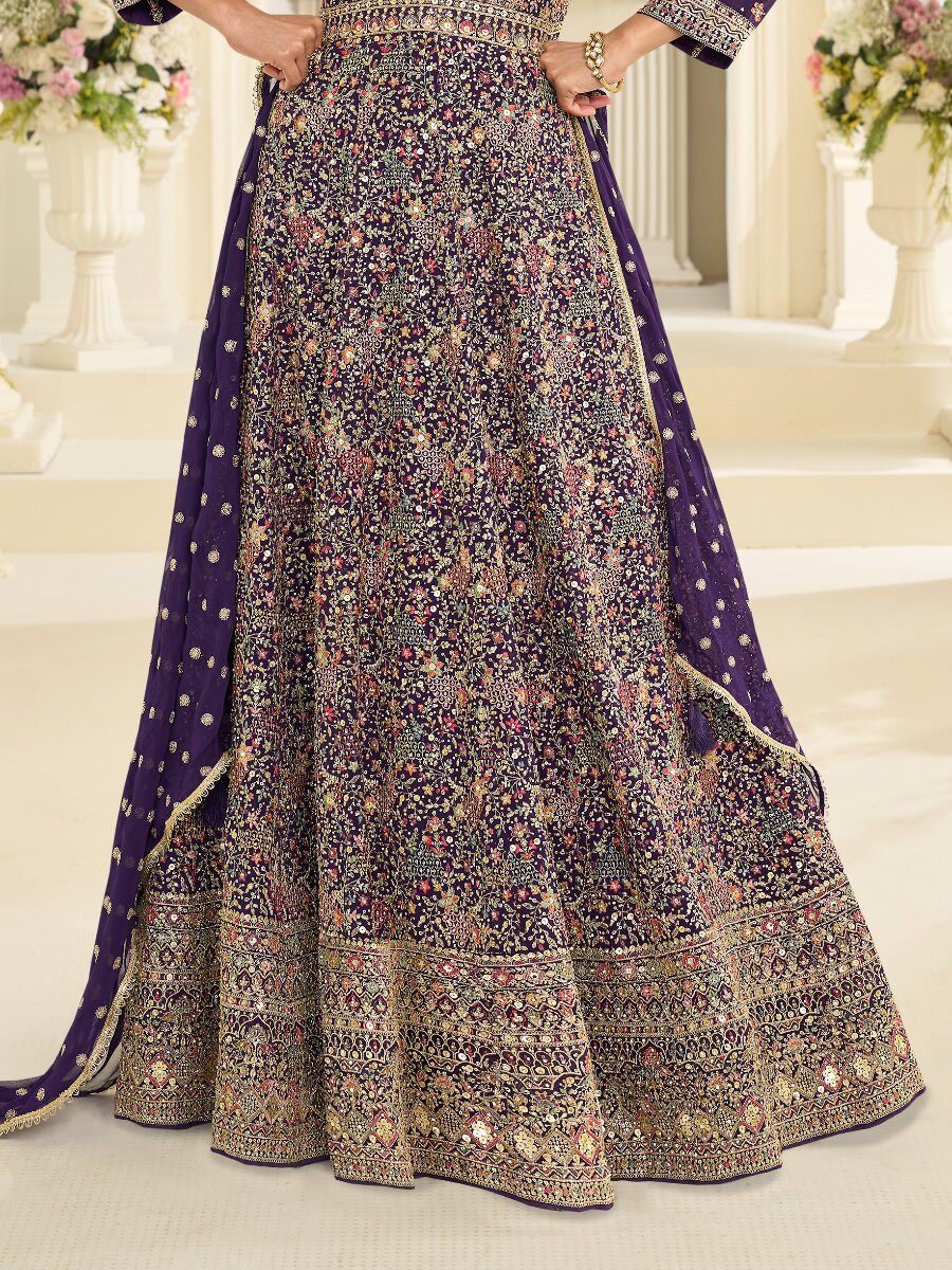 Purple Premium Real Georgette Embroidery Zari Sequins Wedding Festival Party Ready Anarkali Salwar Kameez