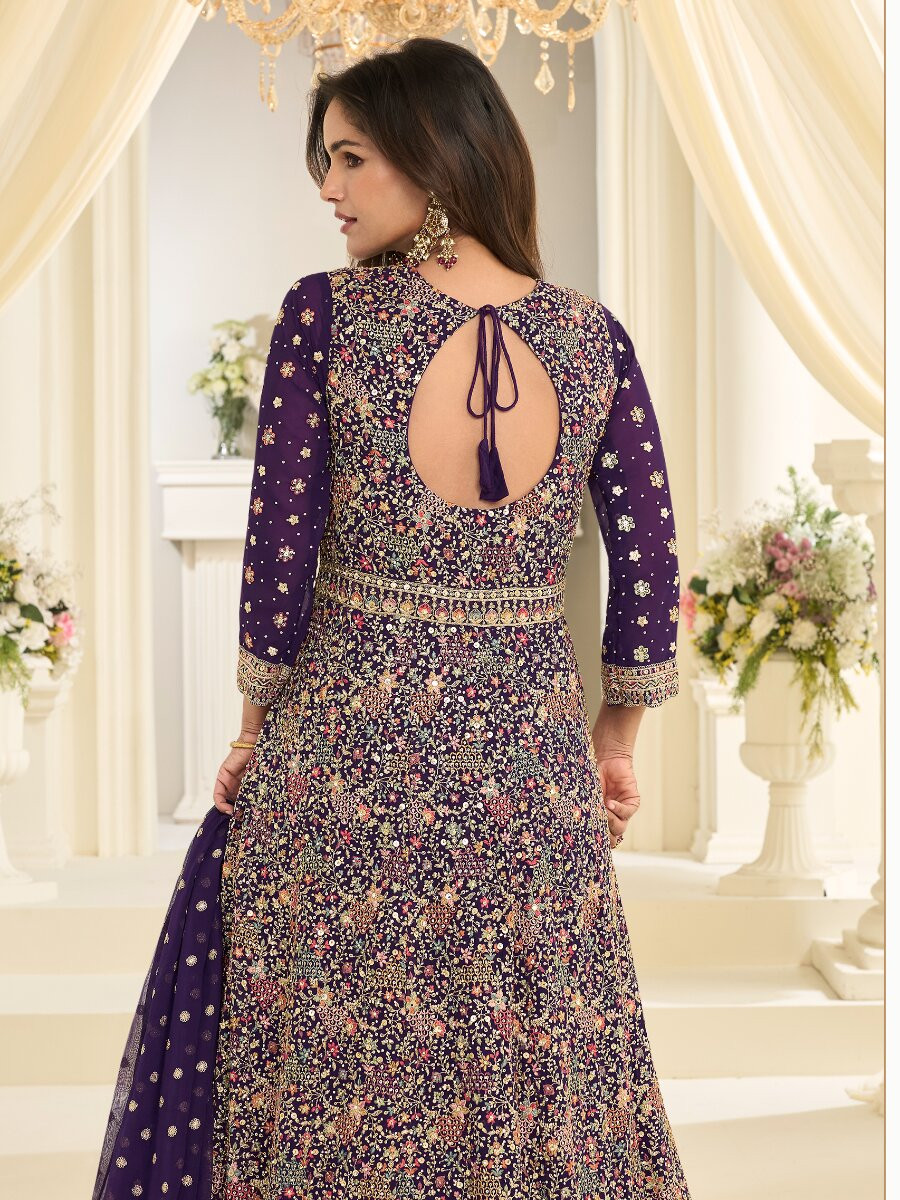 Purple Premium Real Georgette Embroidery Zari Sequins Wedding Festival Party Ready Anarkali Salwar Kameez