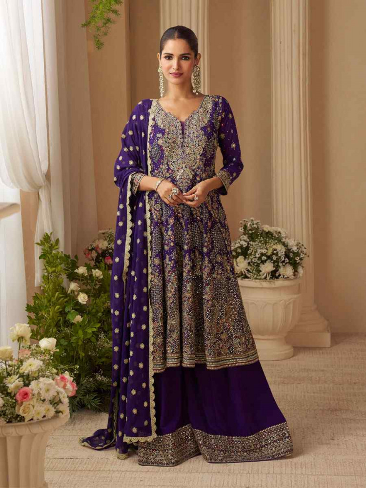 Image of Purple Premium Real Gerogette Embroidered Party Wedding Ready Palazzo Pant Salwar Kameez