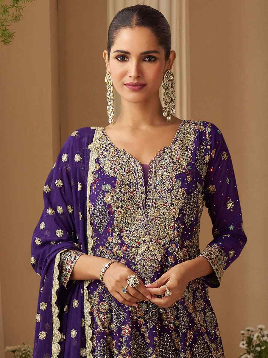 Purple Premium Real Gerogette Embroidered Party Wedding Ready Palazzo Pant Salwar Kameez