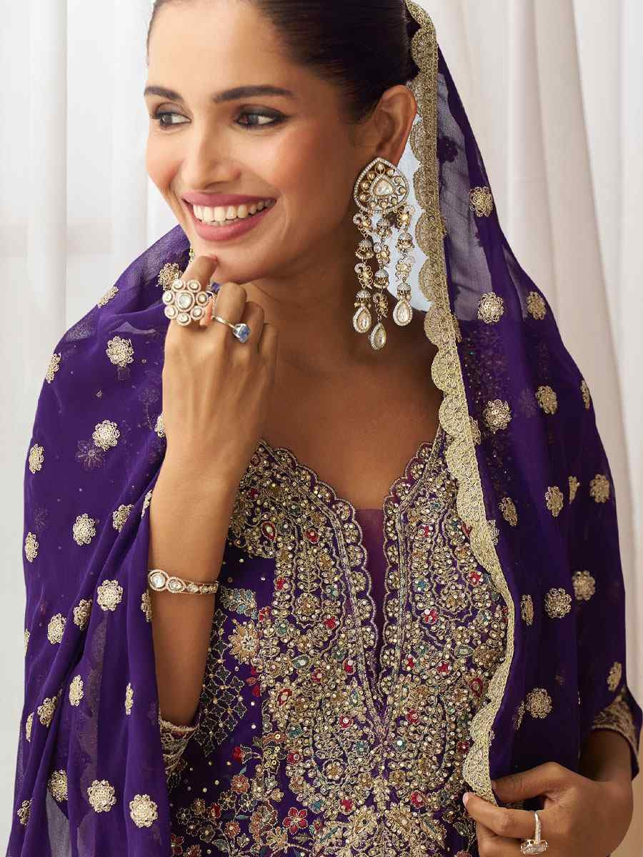 Purple Premium Real Gerogette Embroidered Party Wedding Ready Palazzo Pant Salwar Kameez