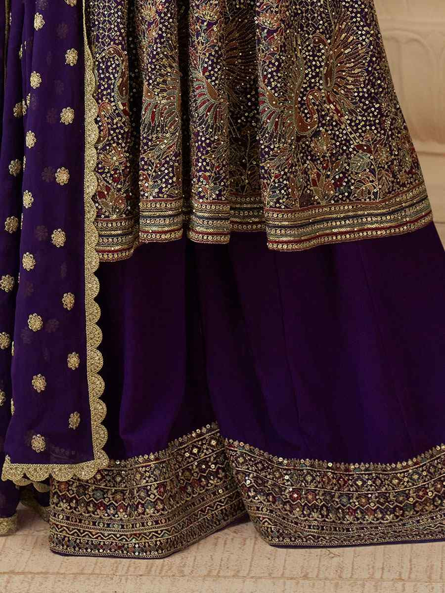 Purple Premium Real Gerogette Embroidered Party Wedding Ready Palazzo Pant Salwar Kameez