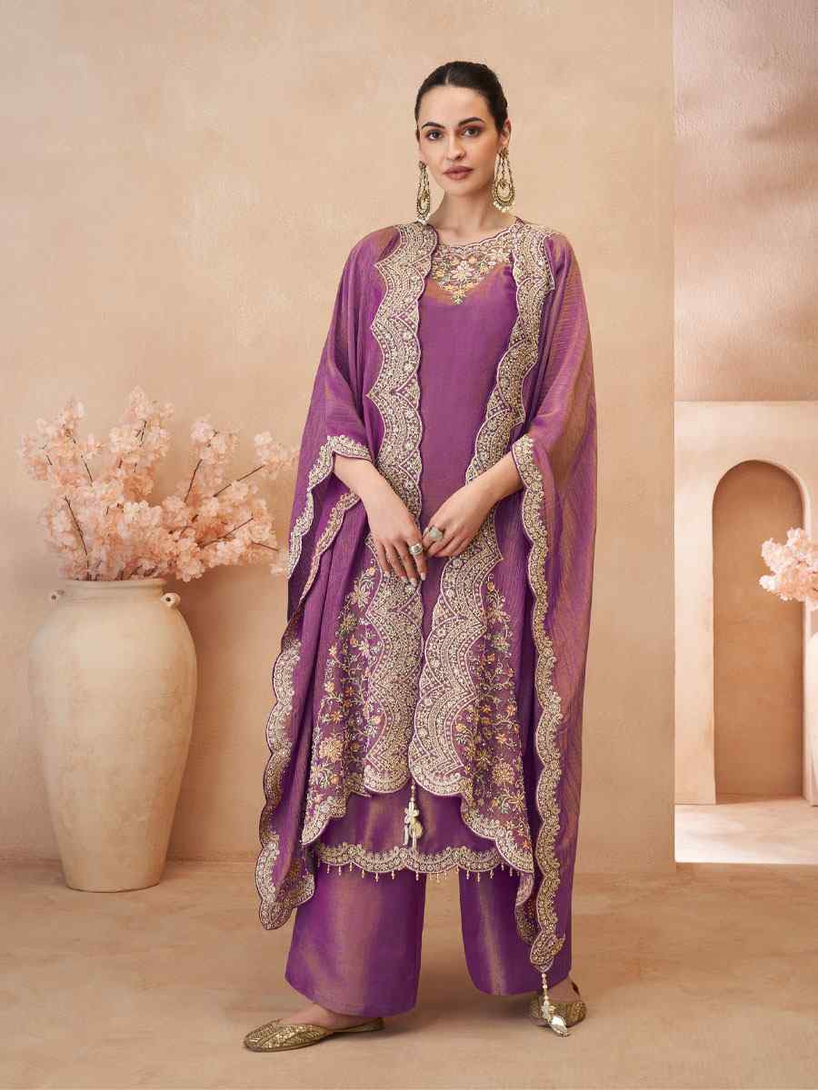 Purple Premium Real Simar Silk Embroidery Party Wedding Festival Casual Ready Pant Salwar Kameez