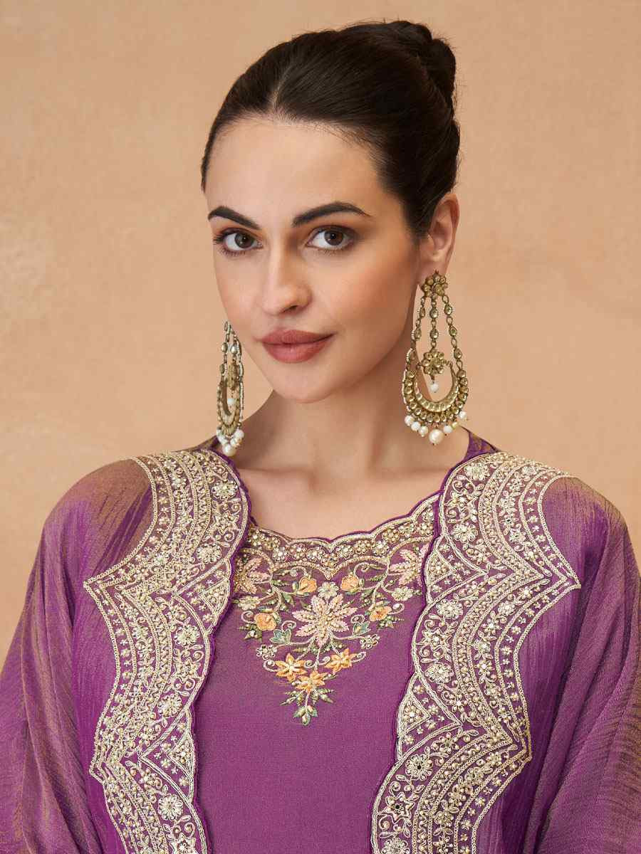 Purple Premium Real Simar Silk Embroidery Party Wedding Festival Casual Ready Pant Salwar Kameez