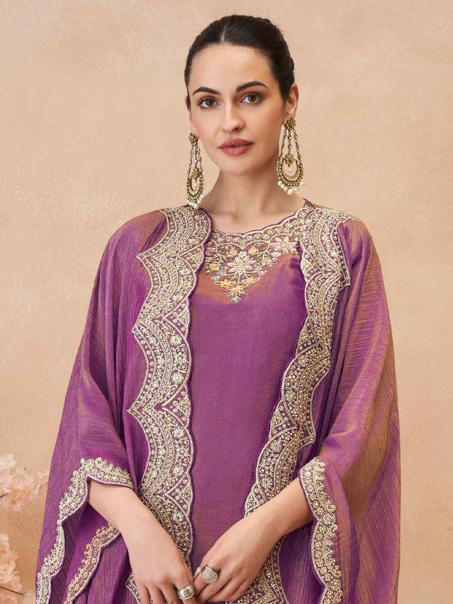 Purple Premium Real Simar Silk Embroidery Party Wedding Festival Casual Ready Pant Salwar Kameez