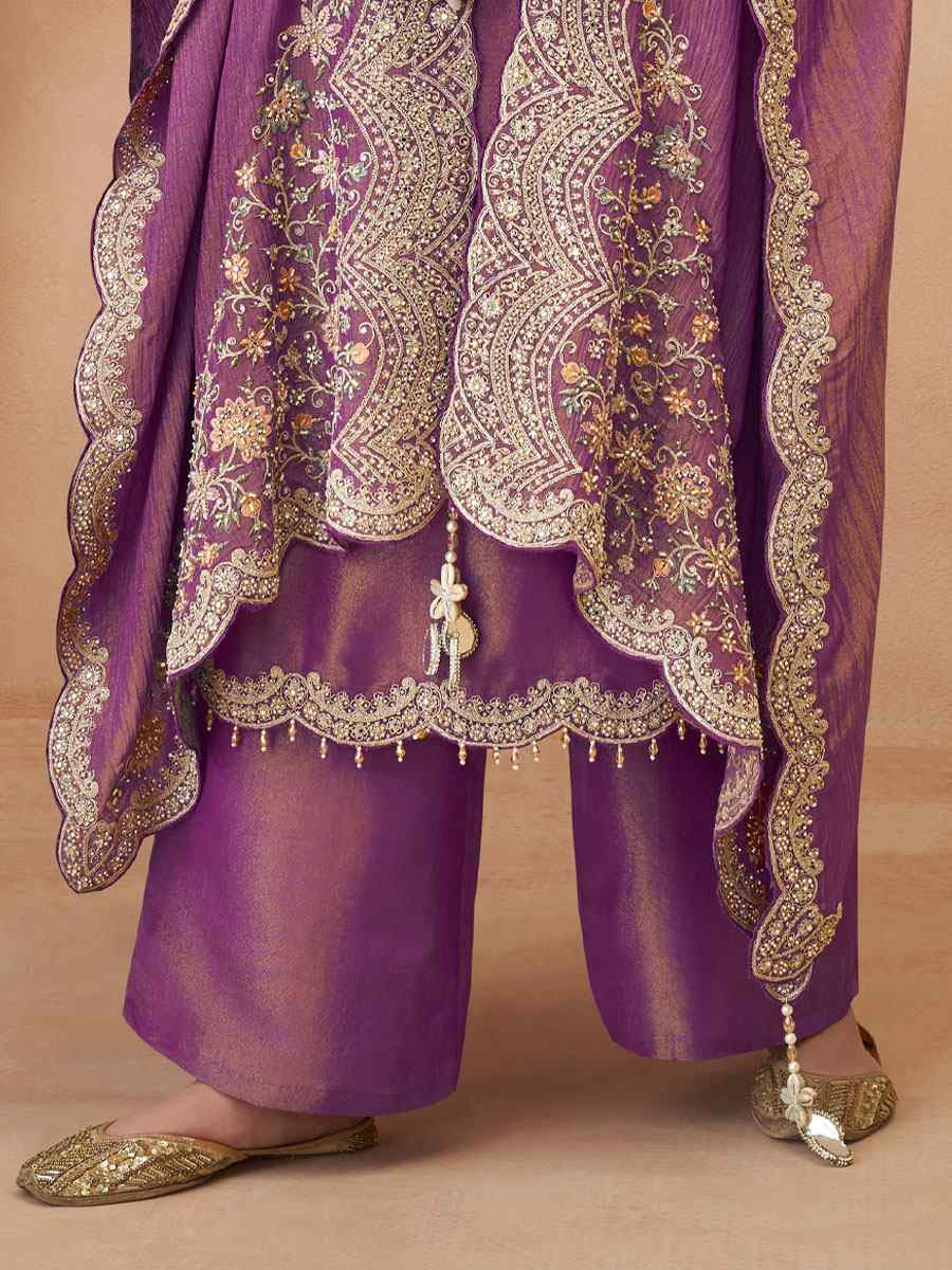 Purple Premium Real Simar Silk Embroidery Party Wedding Festival Casual Ready Pant Salwar Kameez