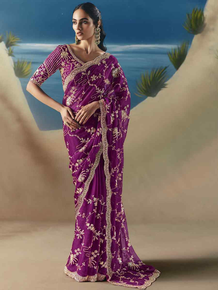 Purple Premium Satin Organza Embroidery Traditional Bridal Reception Festival Wedding Fancy Heavy Border Saree
