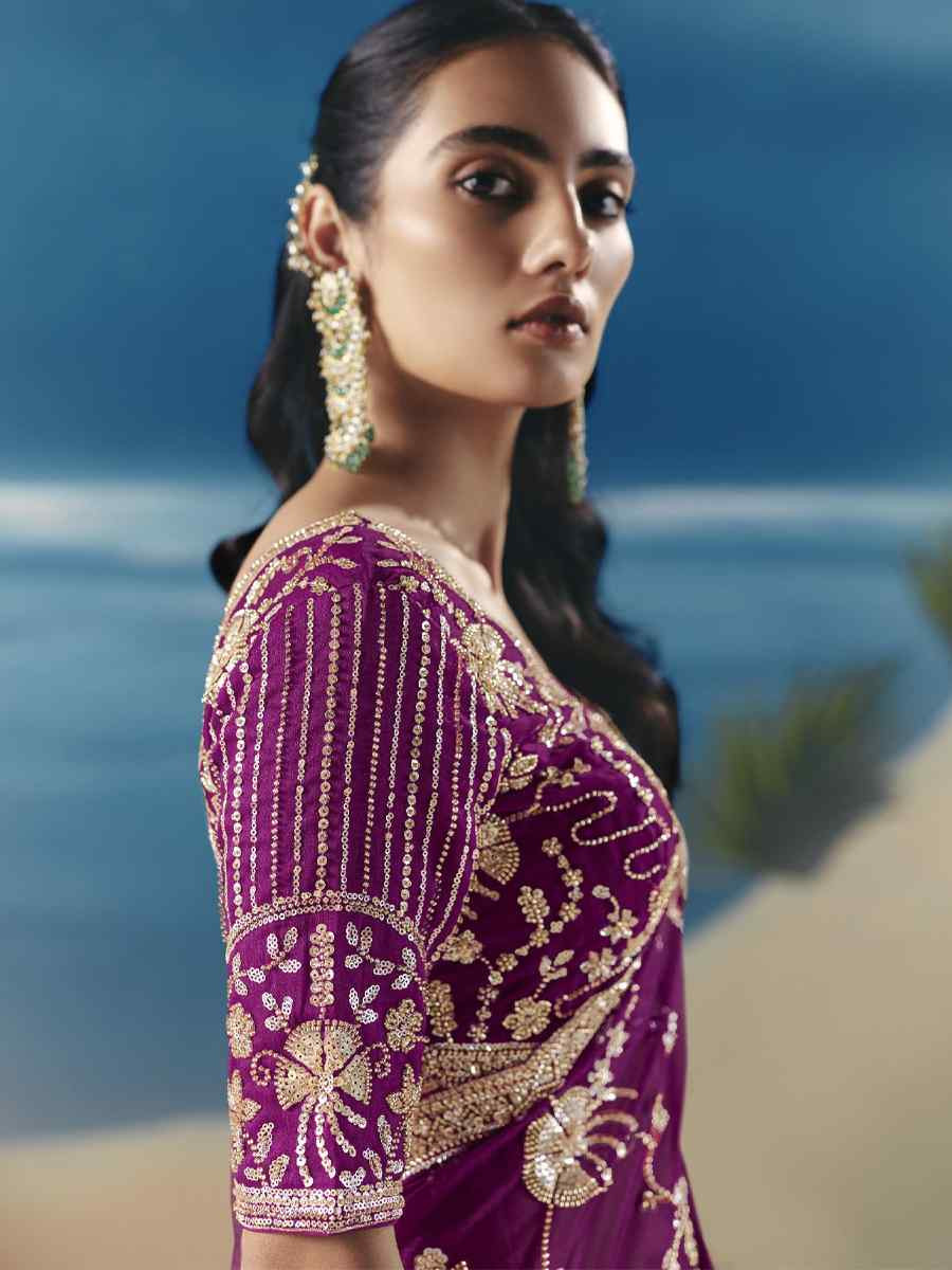 Purple Premium Satin Organza Embroidery Traditional Bridal Reception Festival Wedding Fancy Heavy Border Saree
