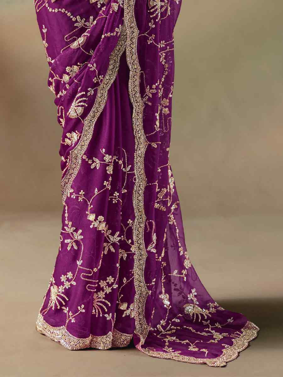 Purple Premium Satin Organza Embroidery Traditional Bridal Reception Festival Wedding Fancy Heavy Border Saree