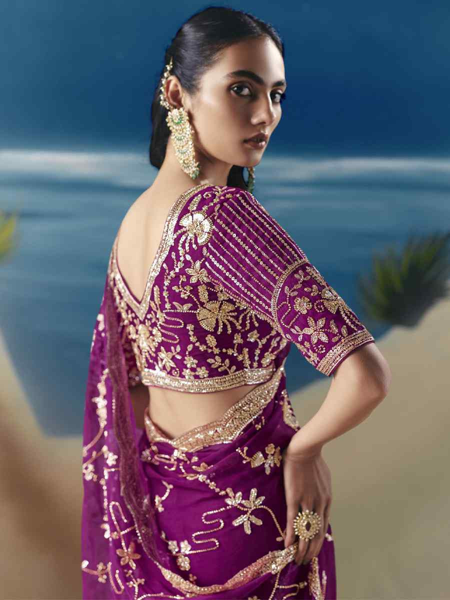 Purple Premium Satin Organza Embroidery Traditional Bridal Reception Festival Wedding Fancy Heavy Border Saree