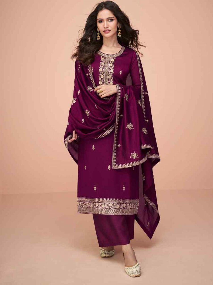 Purple Premium Silk Embroidered Casual Festival Pant Salwar Kameez