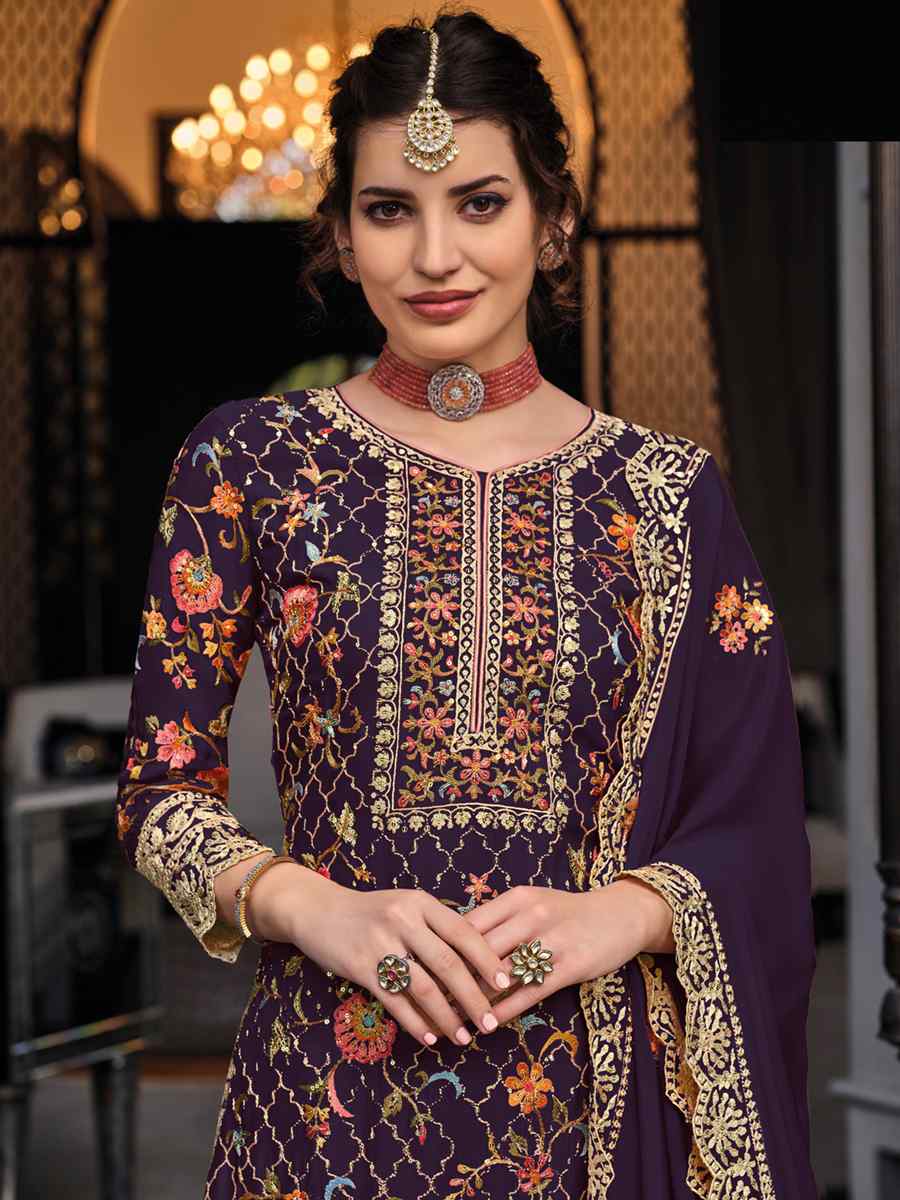 Purple Premium Silk Embroidered Festival Wedding Palazzo Pant Salwar Kameez