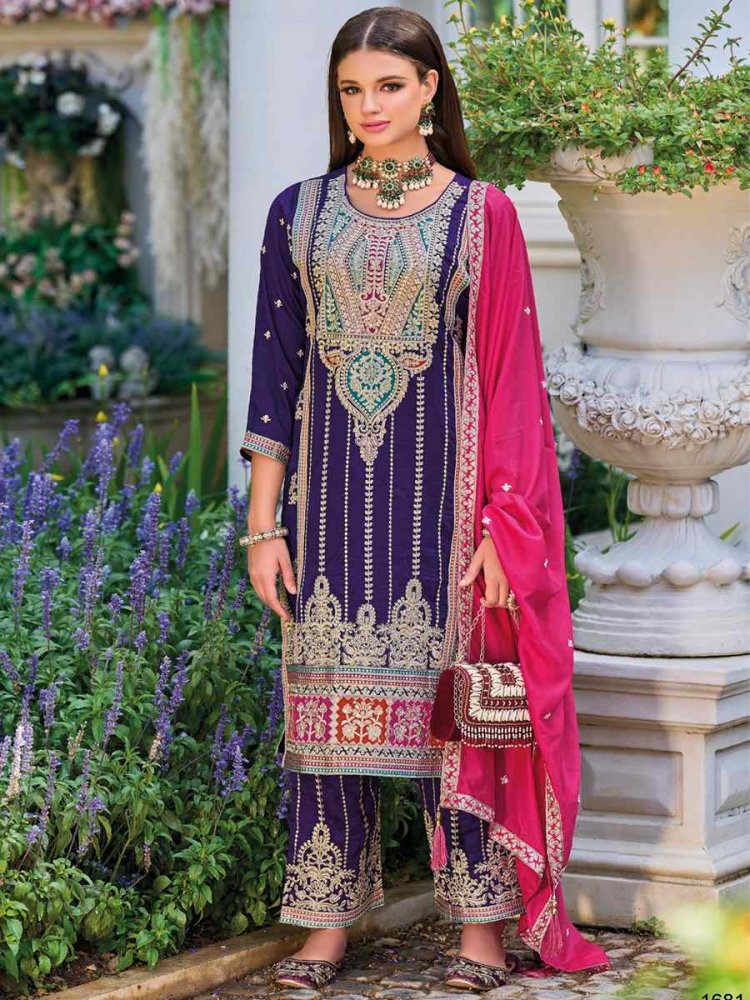 Purple Premium Silk Embroidered Festival Wedding Ready Pant Salwar Kameez