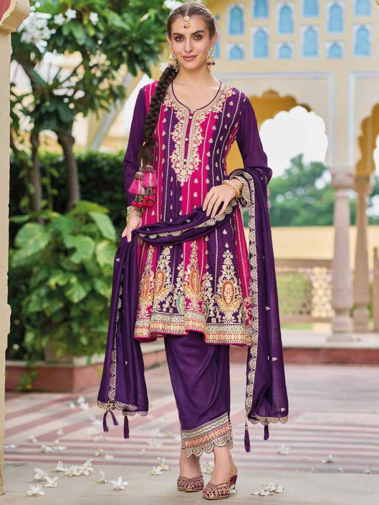 Purple Premium Silk Embroidered Festival Wedding Ready Pant Salwar Kameez