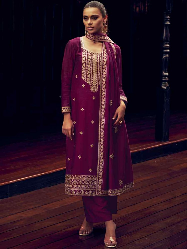 Purple Premium Silk Embroidered Party Festival Pant Salwar Kameez