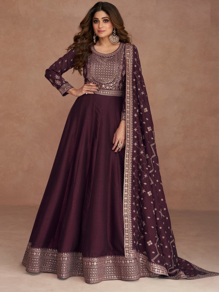 Purple Premium Silk Embroidered Wedding Party Anarkali Bollywood Style Salwar Kameez