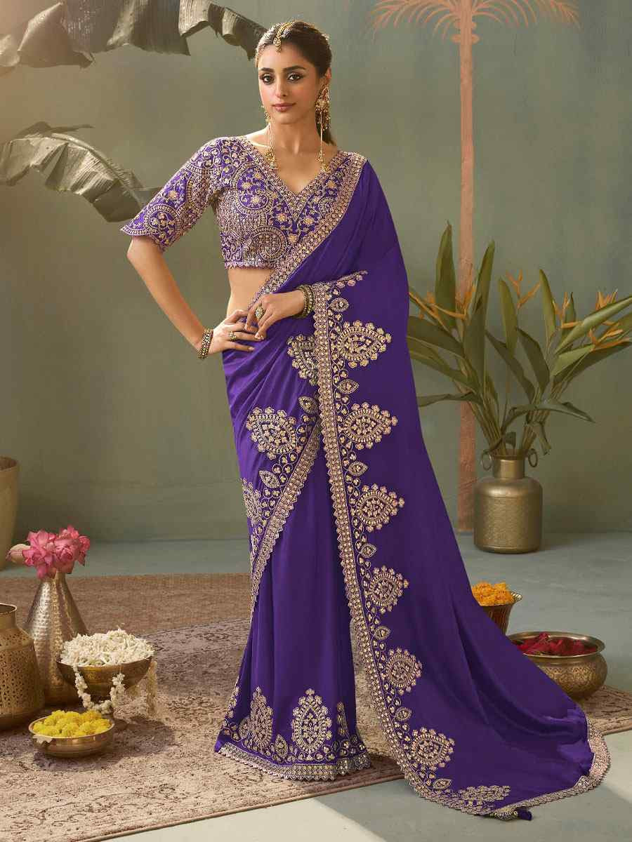 Purple Premium Silk Embroidery Festival Wedding Fancy Classic Heavy Border Saree