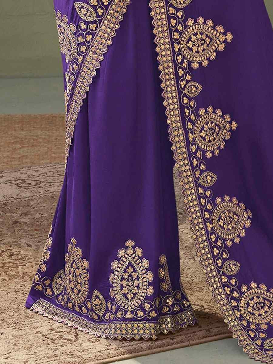 Purple Premium Silk Embroidery Festival Wedding Fancy Classic Heavy Border Saree