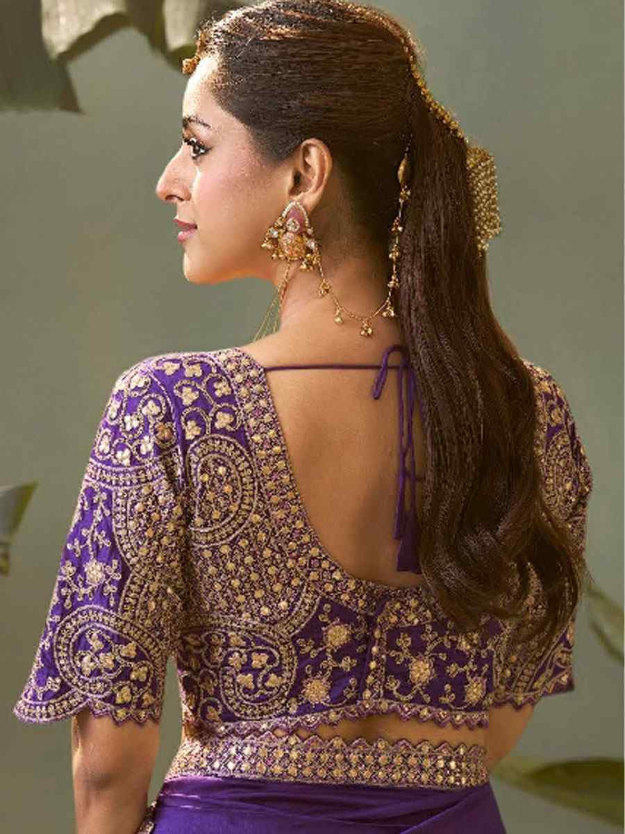 Purple Premium Silk Embroidery Festival Wedding Fancy Classic Heavy Border Saree