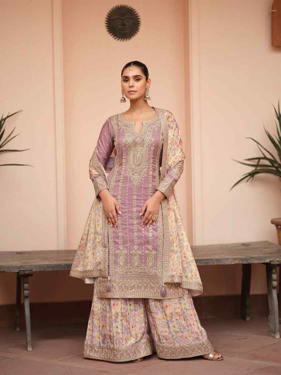Purple Premium Simar Silk Embroidery Party Wedding Festival Casual Ready Palazzo Pant Salwar Kameez