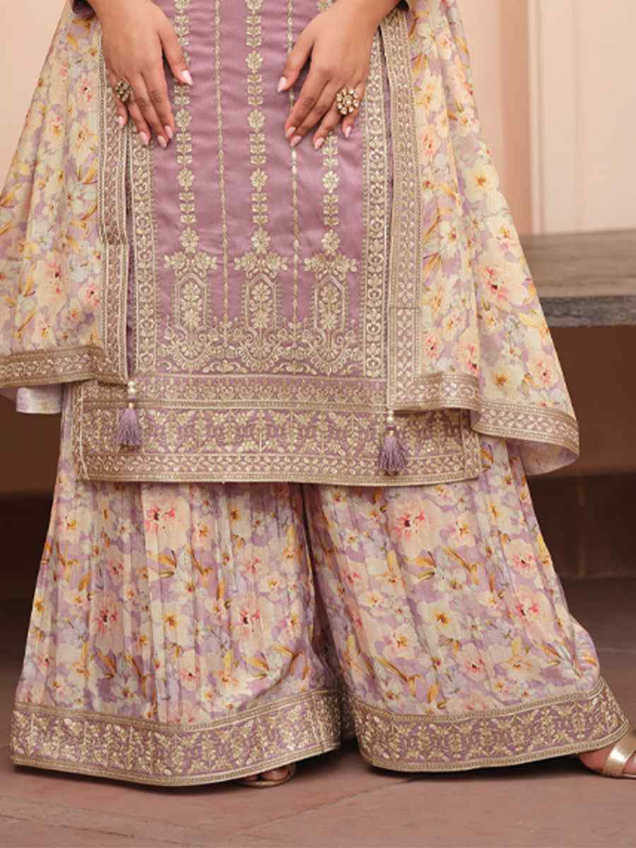 Purple Premium Simar Silk Embroidery Party Wedding Festival Casual Ready Palazzo Pant Salwar Kameez