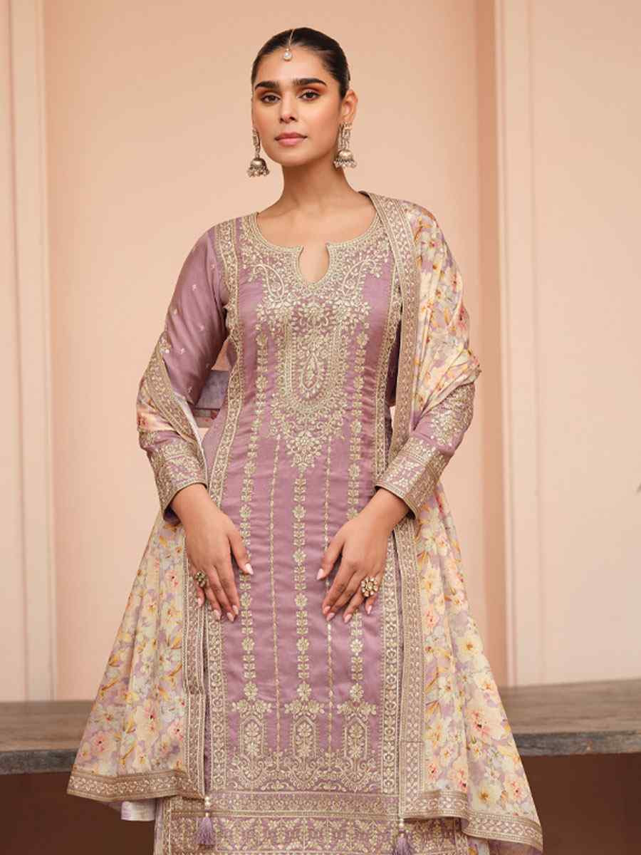 Purple Premium Simar Silk Embroidery Party Wedding Festival Casual Ready Palazzo Pant Salwar Kameez