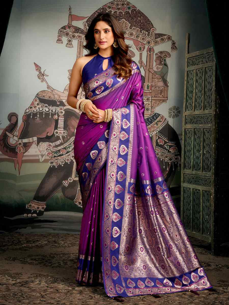 Purple Premium Soft Silk Handwoven Traditional Casual Reception Festival Wedding Fancy Heavy Border Saree