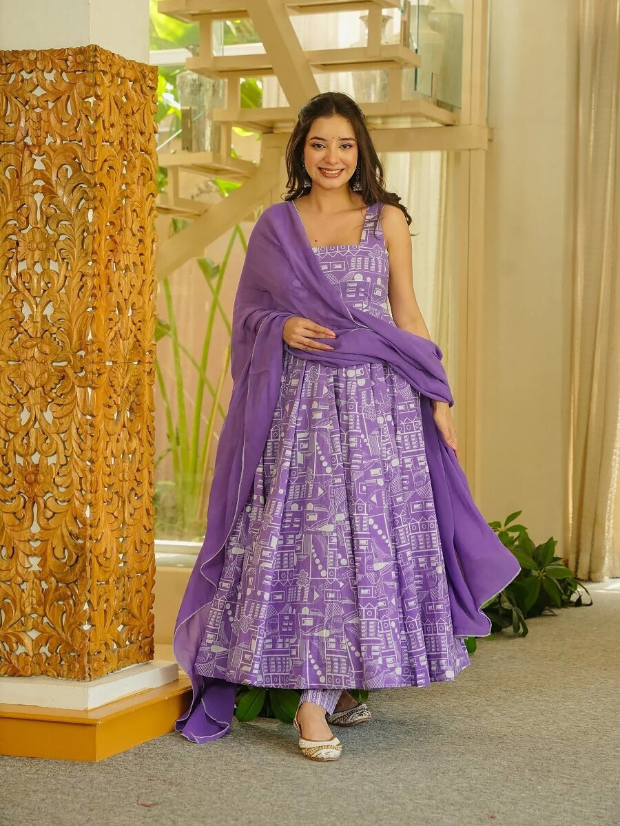 Purple Printed Wedding Party Festival Casual Ready Anarkali Palazzo Pant Salwar Kameez