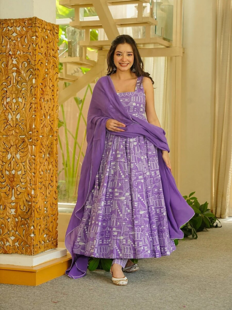 Image of Purple Printed Wedding Party Festival Casual Ready Anarkali Palazzo Pant Salwar Kameez