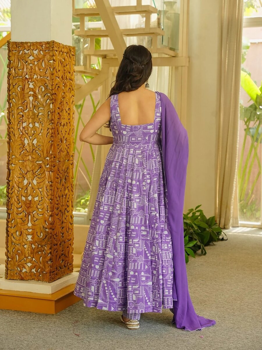 Purple Printed Wedding Party Festival Casual Ready Anarkali Palazzo Pant Salwar Kameez