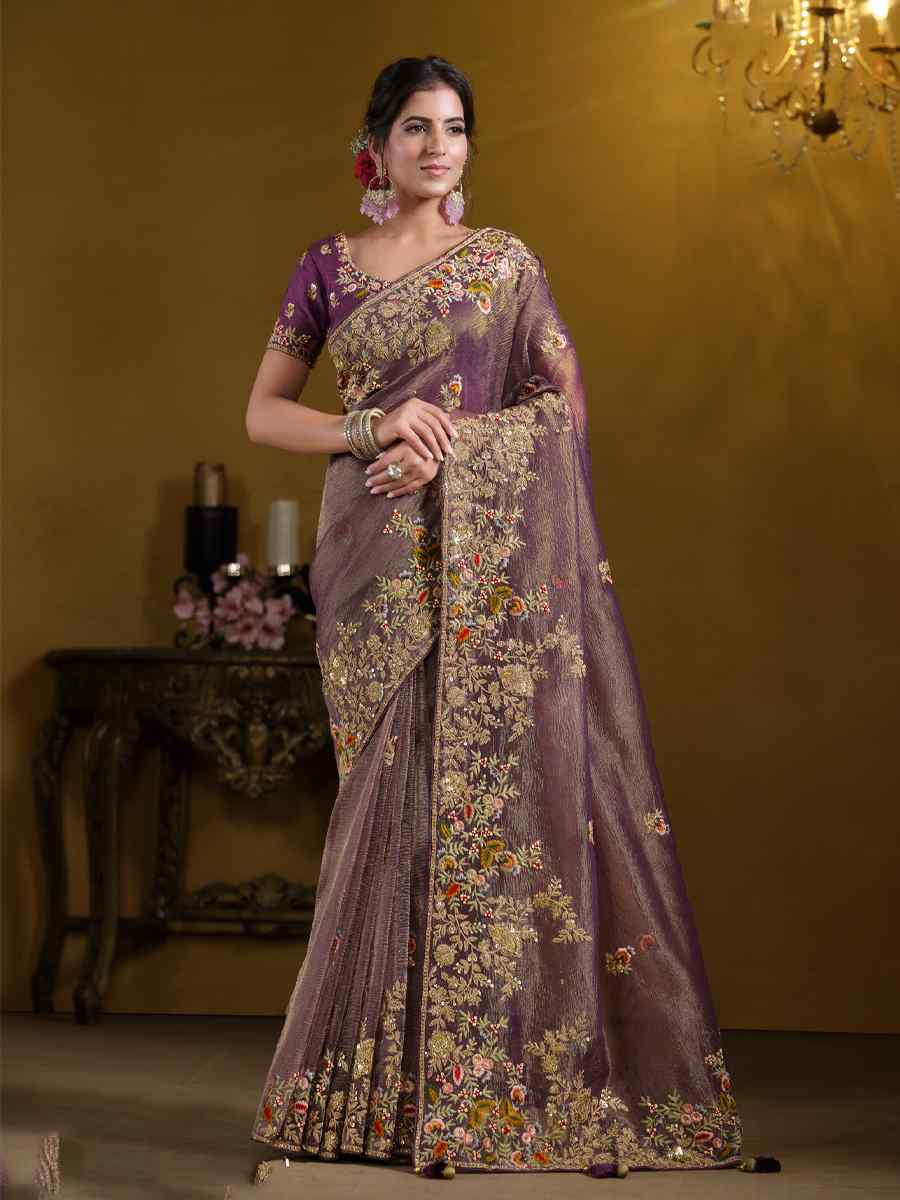 Purple Pure Banarasi Crush Embroidered Festival Wedding Fancy Heavy Border Saree