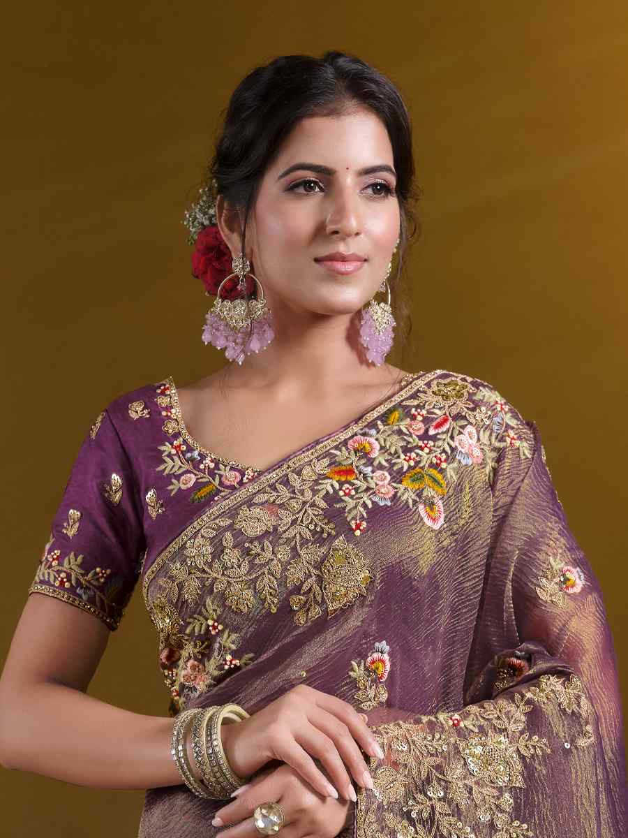 Purple Pure Banarasi Crush Embroidered Festival Wedding Fancy Heavy Border Saree