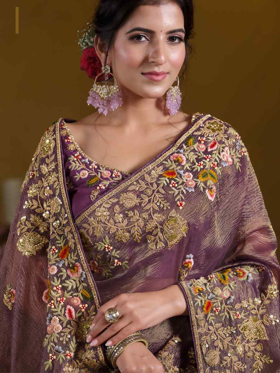 Purple Pure Banarasi Crush Embroidered Festival Wedding Fancy Heavy Border Saree