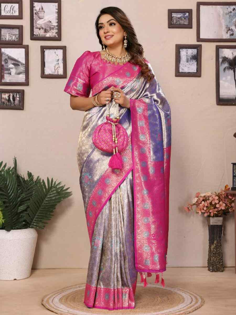 Purple Pure Banarasi Tissue Silk Handwoven Festival Wedding Fancy Heavy Border Saree
