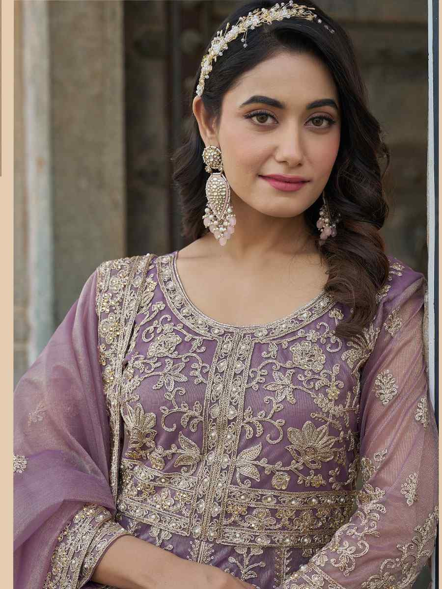 Purple Pure Butterfly Net Embroidered Festival Wedding Lawn Salwar Kameez
