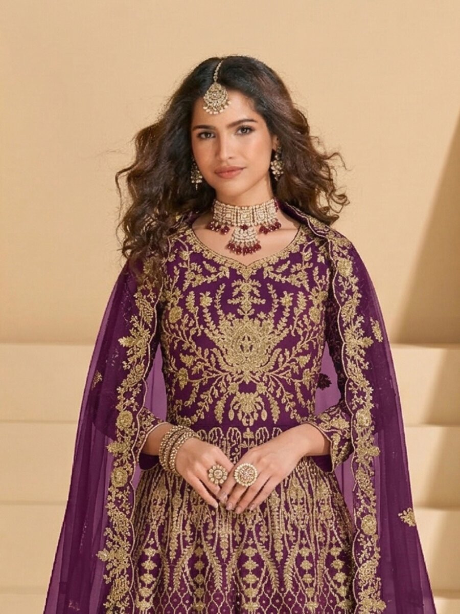 Purple Pure Butterfly Net Embroidery Zari Sequins Wedding Party Festival Engagement Lawn Salwar Kameez